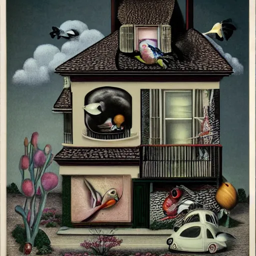 Image similar to anamorphic birds walking past a house, lowbrow surrealistic, in the style of Mark Ryden,