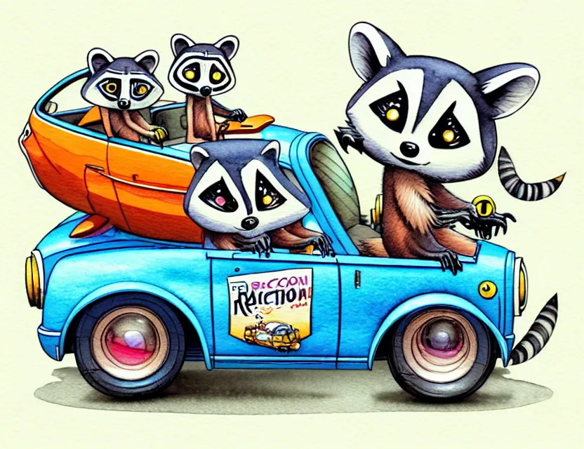 Image similar to cute and funny, racoon riding in a tiny hot rod with oversized engine, ratfink style by ed roth, centered award winning watercolor pen illustration, isometric illustration by chihiro iwasaki, edited by range murata, tiny details by artgerm and watercolor girl, symmetrically isometrically centered