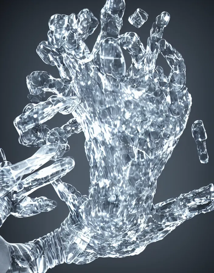 Prompt: crystal hand coming out of water 3d render, octane render, photorealistic highly detailed aesthetic