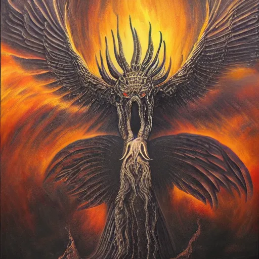 Prompt: painting by h. r. giger, phoenix rising from the ashes, energetic composition, cloudy, hellfire, brimstone, highly detailed painting, 4 k
