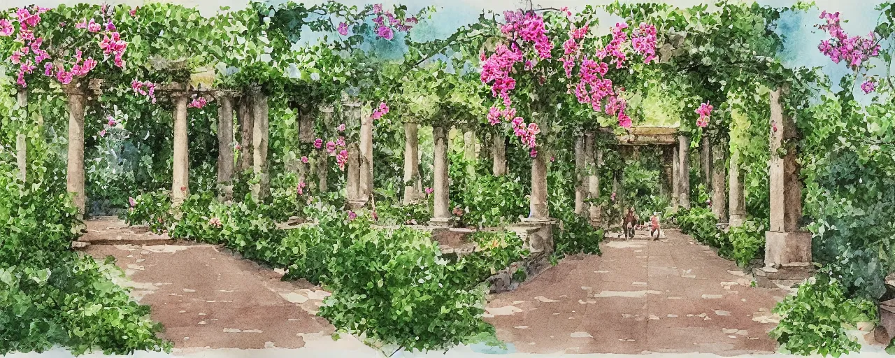 Prompt: isomeric view, delicate lake in a botanic garden, road, sparrows, on a botanical herbarium paper, watercolor colored painting, iridescent colors, 8 k, realistic shaded, fine details, artstation, italian style, colonnade, vines, grapes, flowers, gardena architecture, pompeii