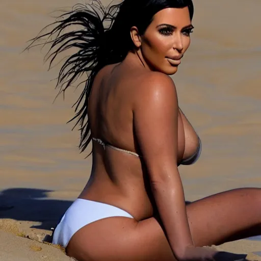 Prompt: kim kardashian tanning on a beach
