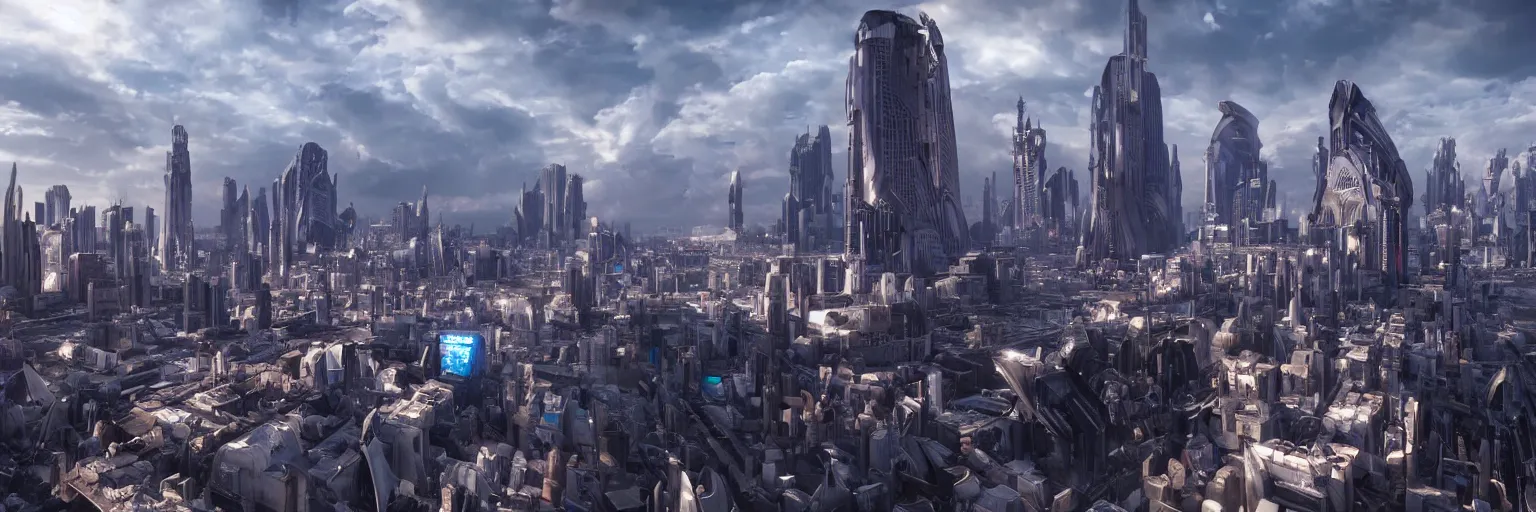 Prompt: majestic futuristic city of angels, epic scale, dramatic buildings, cinematic sky, 8 k, unreal engine 5