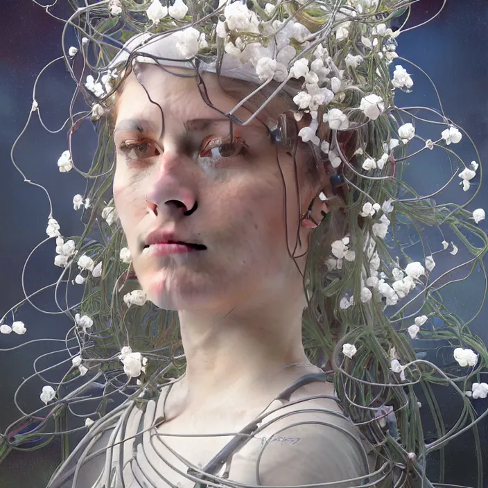 Image similar to hyperrealist portrait of a 2 0 4 4 space sport engineer, it is decorated with long wires and white petals that fall like vines and wears a huge computer crown. by jeremy mann and alphonse mucha, fantasy art, photo realistic, dynamic lighting, artstation, poster, volumetric lighting, dramatic light, very detailed faces, 8 k, award winning