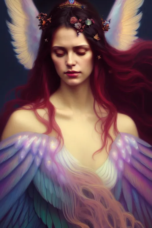 Image similar to beautiful portrait oil painting, ombre velvet gown, beautiful elegant bird woman with wings, portrait, dramatic light on face, long hair, tiara, dozens of jeweled necklaces, by greg rutkowski, brom, anato finnstark, alphonse mucha, oil painting, highly detailed, cinematic lighting, unreal,