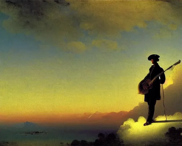 Image similar to A slightly silhouetted figure of a man with a guitar, clouds that look like mountains the clouds are a deep blue purple color with the sun blazing behind the clouds, art by Ivan Aivazovsky