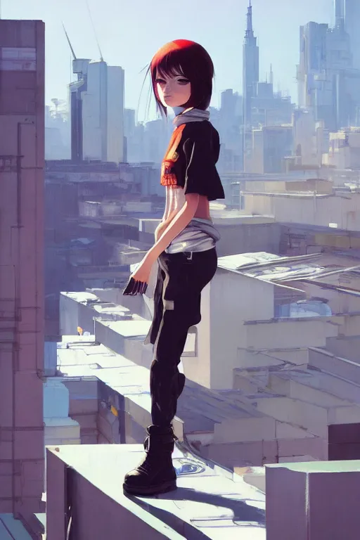 Image similar to A ultradetailed beautiful panting of a stylish girl standing on a rooftop, she is wearing streetwear, by Ilya Kuvshinov, Greg Rutkowski and Makoto Shinkai