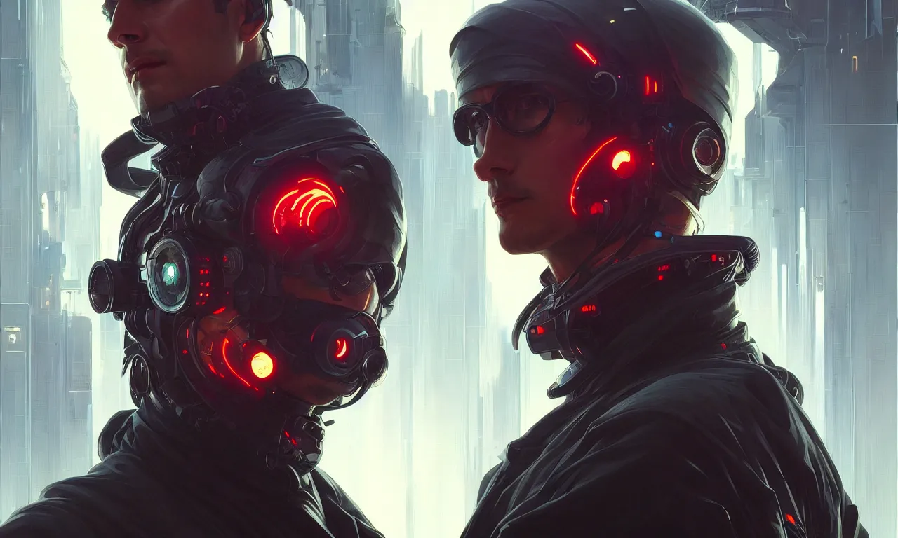 Image similar to Hacker cyberpunk man portrait, highly detailed, digital painting, artstation, concept art, smooth, sharp focus, illustration, art by artgerm and greg rutkowski and alphonse mucha