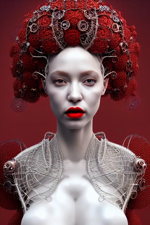 Prompt: complex 3 d render, hyper detailed ultrasharp beautiful biomechanical mandelbrot fractal steampunk filigree mesh wire female cyborg portrait with a porcelain profile face, albino afro, elegant crown with big hydrangea foliage leaves stems roots, red lips, alexander mcqueen haute couture, art nouveau fashion, octane render, 8 k