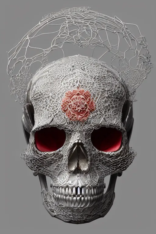 Image similar to 3d render of a porcelain skull, ultra detailed, 150 mm, accent lighting, beautiful studio soft light, rim light, silver gold red details, luxurious, big filigran, Alexander Mcqueen, haute couture, fine foliage lace, mesh wire, filigran intricate details, hyper realistic, anatomical, silver metal armor, facial muscles, cable wires, elegant, white background, octane render, H.R. Giger style, 8k