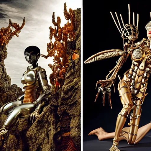 Image similar to still frame from Prometheus movie by Makoto Aida, biomechanical Vespa mandarina angel gynoid, metal couture by neri oxmn and Guo pei, editorial by Malczewski and by Caravaggio