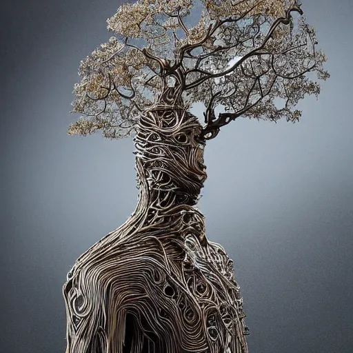 Image similar to a human man statue stuck in a cosmic tree, a sense of awe, amazement, monogon, plasma display, wooden, silver, mercury, damascus, armature wire, multiscopy, morph, in a symbolic and meaningful style, insanely detailed and intricate, hypermaximalist, elegant, ornate, hyper realistic, super detailed,