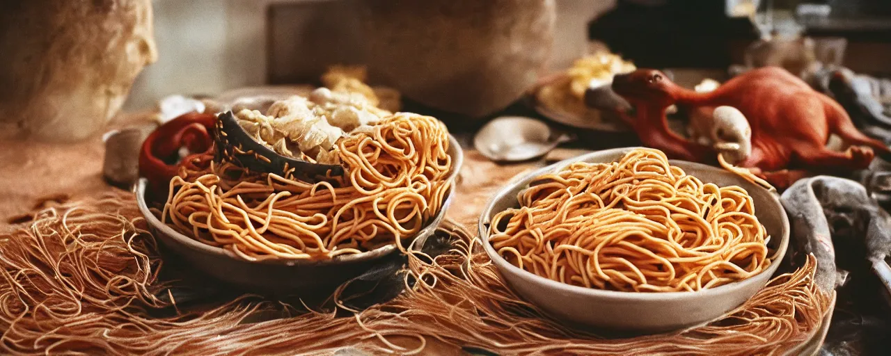 Prompt: dinosaurs living inside a bowl of spaghetti, canon 5 0 mm, cinematic lighting, photography, retro, film, kodachrome