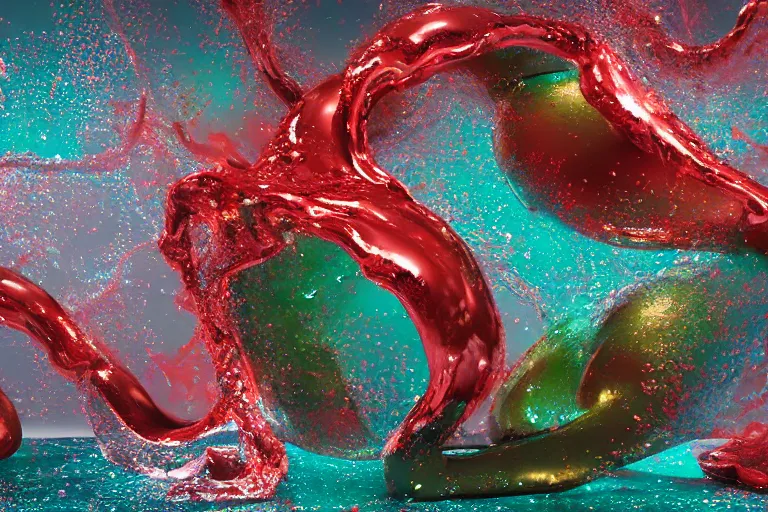 Image similar to Painful pleasures by Lynda Benglis, stunning, liquid physics, bubbly, VFX, high transparency, high res shadows, octane render, 4k, 8k