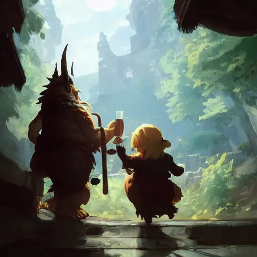 Image similar to a dwarf and a dragon drinking a beer | fantasy art | gapmoe kuudere moody lighting stunning bokeh highlights sharp contrast | trending pixiv fanbox | by greg rutkowski makoto shinkai takashi takeuchi studio ghibli