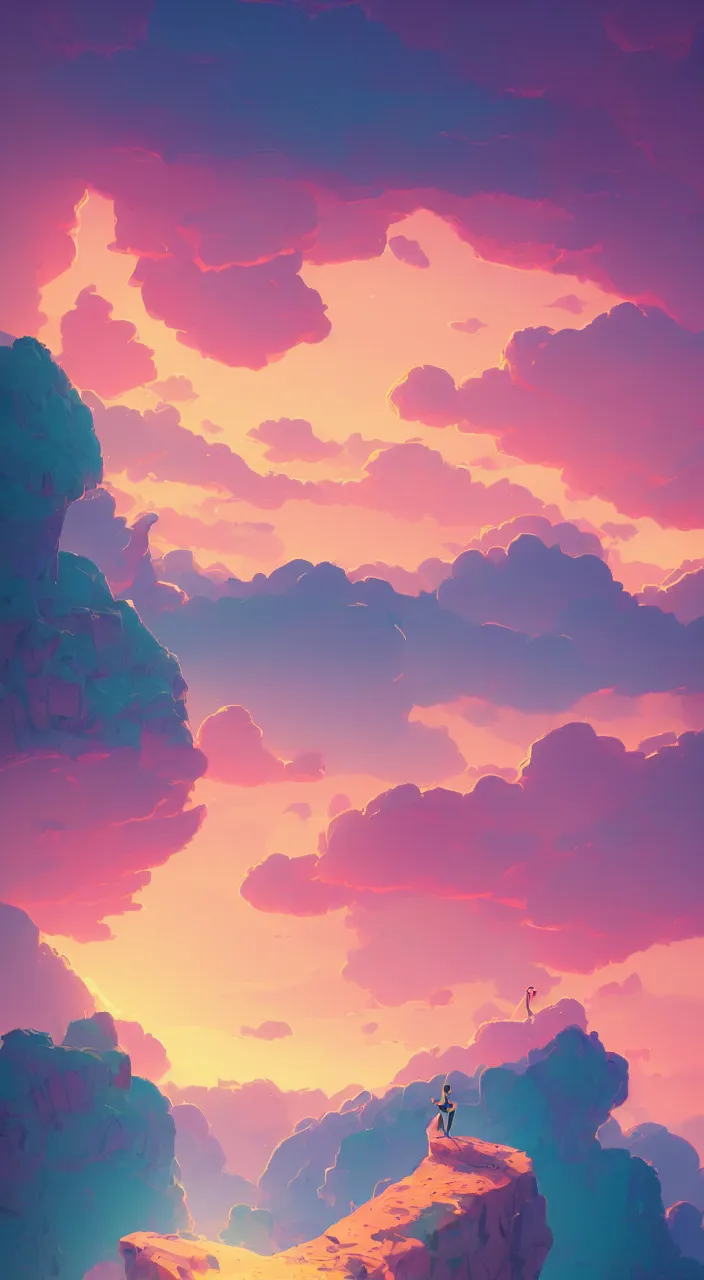 Image similar to Aesthetic Lonely cliff , pink clouds in the sky, brightly illuminated by rays of sun, artstation, colorful sylvain sarrailh illustration, by peter chan, day of the tentacle style, twisted shapes