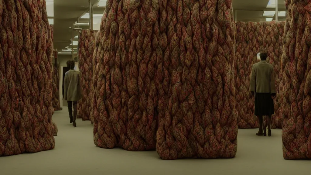 Image similar to a strange creature made of decadent cloths lurks inside a fabric store, film still from the movie directed by Denis Villeneuve with art direction by Zdzisław Beksiński, wide lens