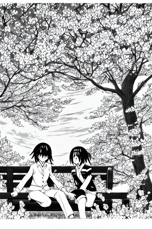 Image similar to black and white manga page, highly detailed pen, sharp high quality anime, shoujo romance, two girls, first girl with long dark hair in sailor uniform, second girl with short light hair in pant suit, sitting on bench, cherry blossom tree in background with petals floating, drawn by Atsushi Ohkubo