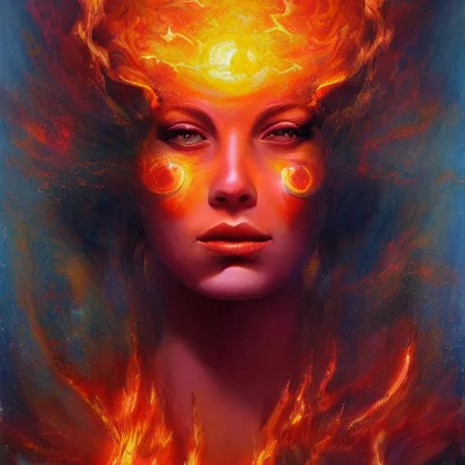 Image similar to A beautiful painting of a female cosmic being with flames as her body by Jim Burns, 8K, ultra-detailed , Trending on artstation.