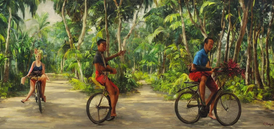 Image similar to kayne sitting on cyclo, inside a tropical forest, daylight happy mood, aged oil painting by le pho