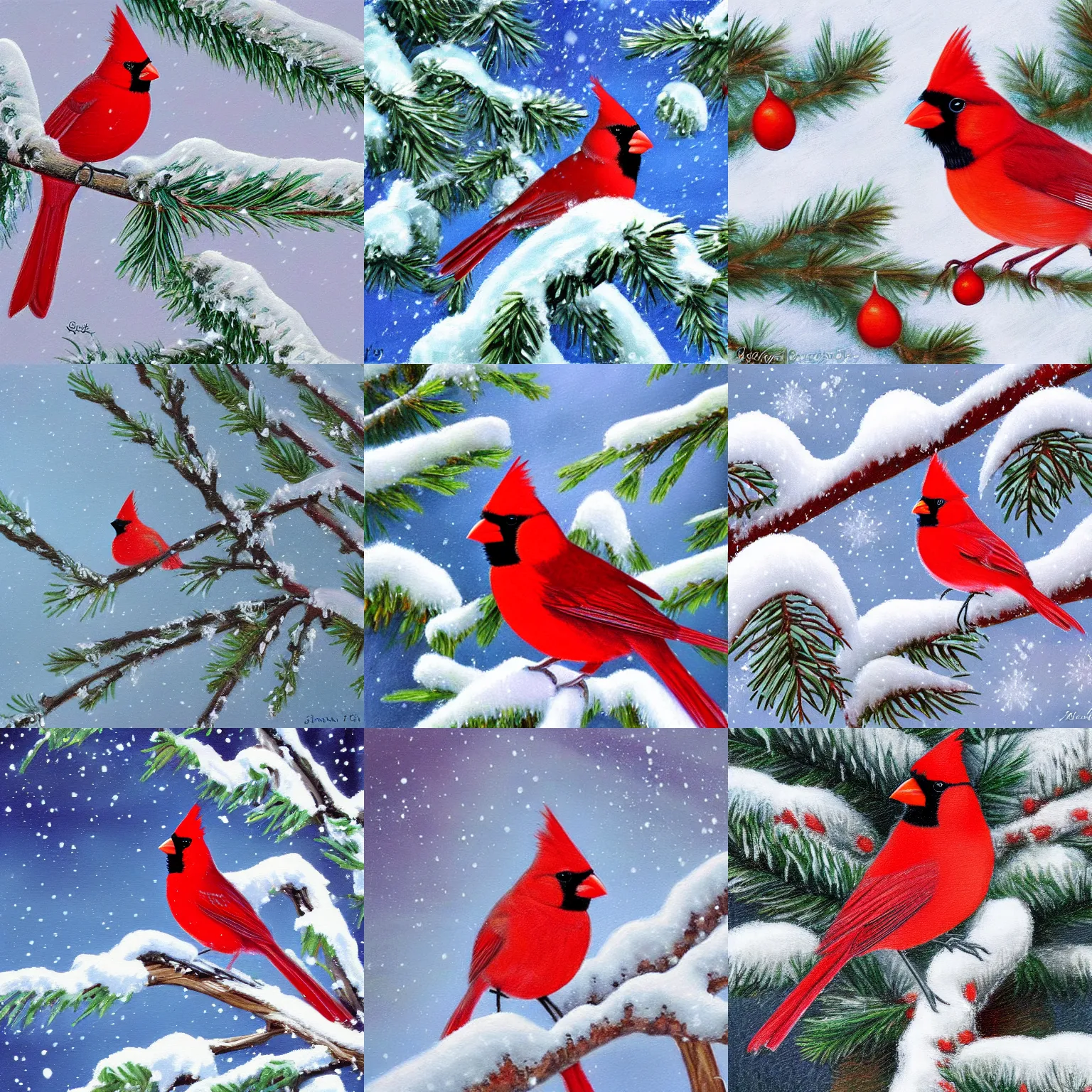 Prompt: a painting of a cardinal, on a snowy pine tree branch, gentle pastels, snowing, exceptional details.