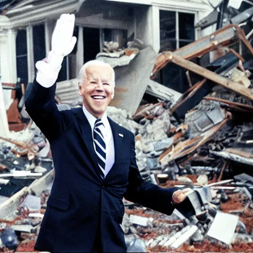 Image similar to archival photograph of joe biden standing over destruction and laughing with his hands in the air