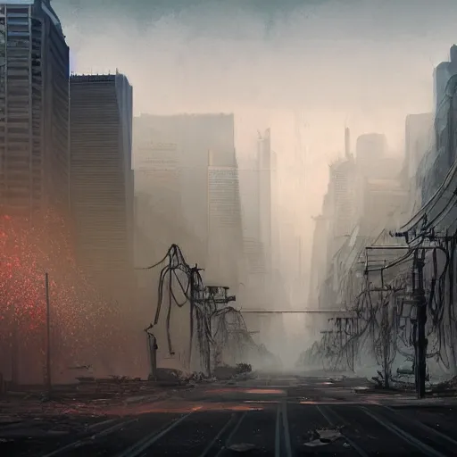 Image similar to epic digital matte paining of post-apocalyptic Los Angeles by Jama Jurabaev and Denis Villeneuve, extremely detailed, artstation