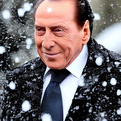 Prompt: Silvio Berlusconi covered in snow in summer