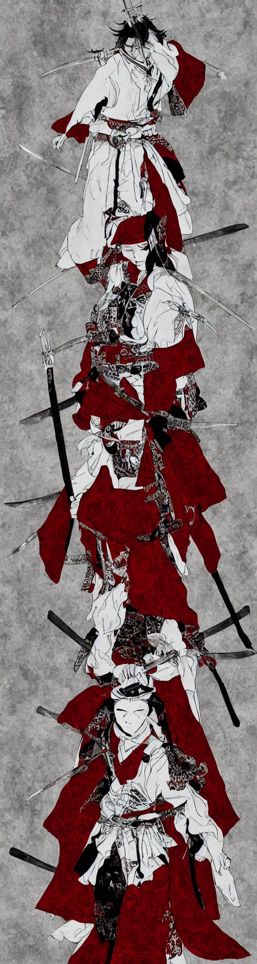 Image similar to samurai cloaked in white with swords, standing in light beam of a dark cave, ruby red sorrow, high quality, ultra detail,