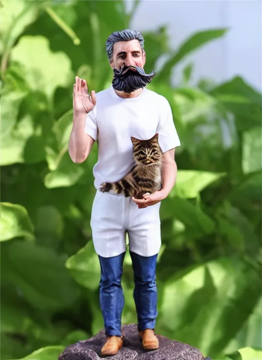 Image similar to 80mm resin detailed miniature of beautiful europenian man with moustache wearing white t-shirt and holding in his hands tabby cat, Product Introduction Photos, 4K, Full body