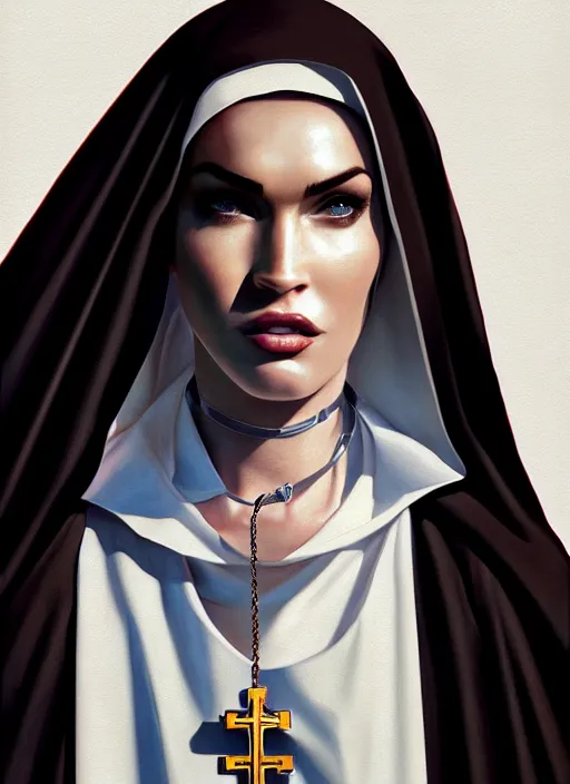 Image similar to portrait of megan fox as a evil nun with collar and leash, catholic, church, dark, intricate, headshot, key visual, conceptart, ambient lighting, highly detailed, digital painting, artstation, concept art, sharp focus, by makoto shinkai and akihiko yoshida and greg manchess