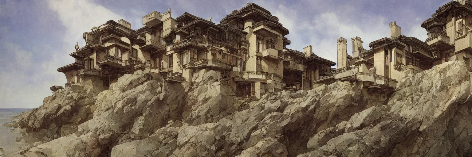 Image similar to hyper-realistic illustration of an exterior view of a huge Brutalist-style house on a rocky beach, by Alfons Mucha le Pater, Art Nouveau, Craig Mullins, Jules Louis Machard, Pierre-Narcisse Guérin, Carl Schweninger, Jr., asymmetry