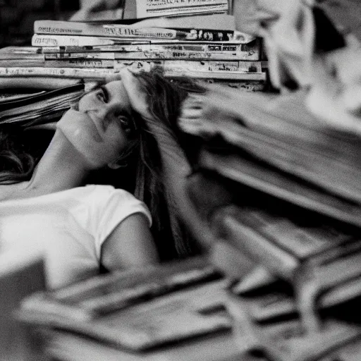 Prompt: a photo of pretty woman relaxing amidst a collapsed city reading an issue of the silver zine, 3 5 mm