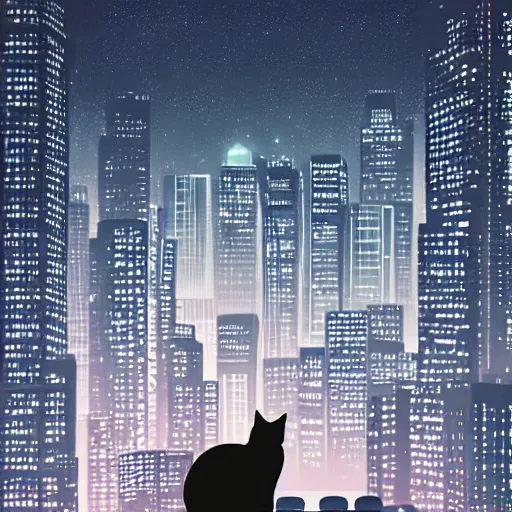 Image similar to woman with short black hair holding a cat looking at a city during the night, anime, simplistic, digital art