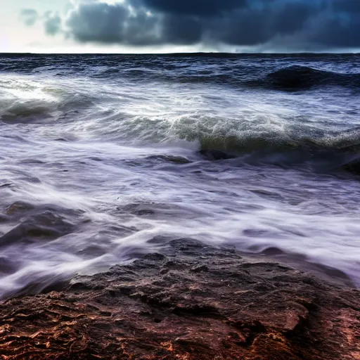 Image similar to waves crashing in on a stony beach, realistic, hdr, clear image, hdd, dynamic lighting,