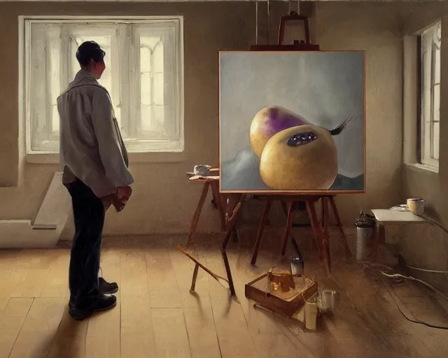 Image similar to a painter in his studio painting a picture of an eggplant emoji - key lighting, soft lights, foggy, by steve hanks, by lisa yuskavage, by serov valentin, by tarkovsky, 8 k render, detailed, oil on canvas