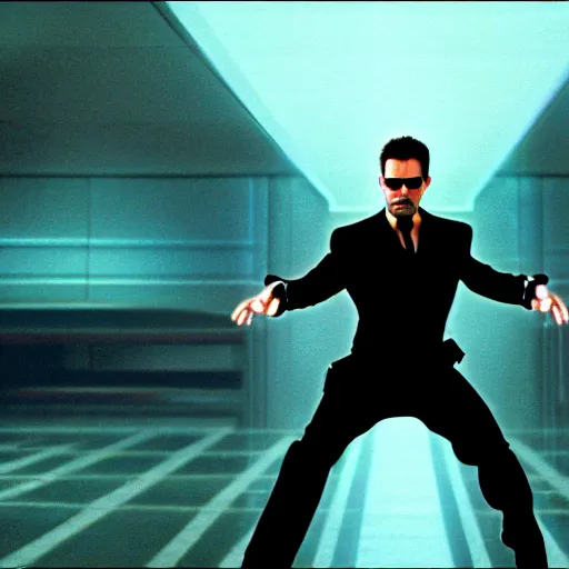 Prompt: cinematic still of Tony Stark in The Matrix (1999), XF IQ4, f/1.4, ISO 200, 1/160s, 8K, RAW, dramatic lighting, symmetrical balance, in-frame