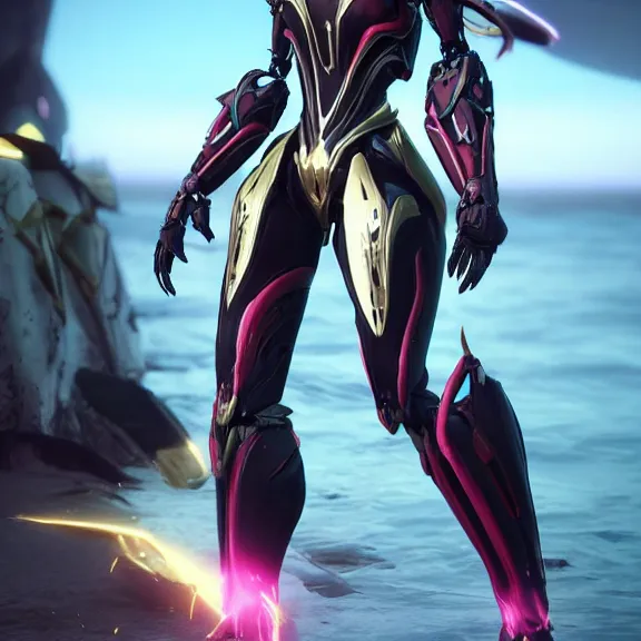 Prompt: cinematic close up full body shot of a beautiful stunning saryn prime warframe, that's a beautiful stunning anthropomorphic robot female dragon with metal cat ears, cute elegant pose, standing on teh beach at sunset, robot cat paws for feet, thick warframe legs, detailed arms, sharp claws, slick pink armor, streamlined white armor, long elegant tail attached to her back end, two arms, two legs, detailed warframe fanart, destiny fanart, macro art, dragon art, furry art, realistic digital art, warframe art, Destiny art, furaffinity, DeviantArt, artstation, 3D realistic, 8k HD, octane render