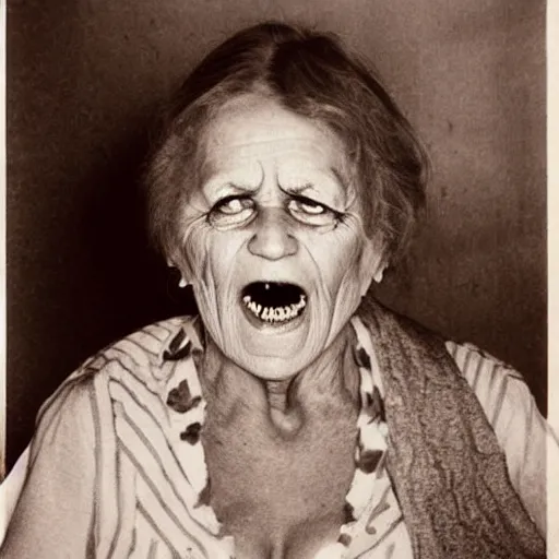 Prompt: old photo of a scary grandma, horror, hugh quality face, b/w tv
