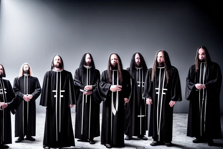 Image similar to a christian religious black that studies theology and arr becoming priests, band photo of a metal band playing christian black metal, stage outfits, cinematic, elegant, professional studio light, real dlsr photography, sharp focus, 4 k, ultra hd, sense of awe, high fashion