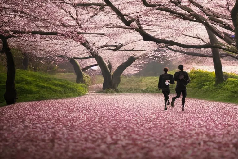 Image similar to vfx movie scene closeup japanese couple running through cherry blossom forest, natural lighting by emmanuel lubezki