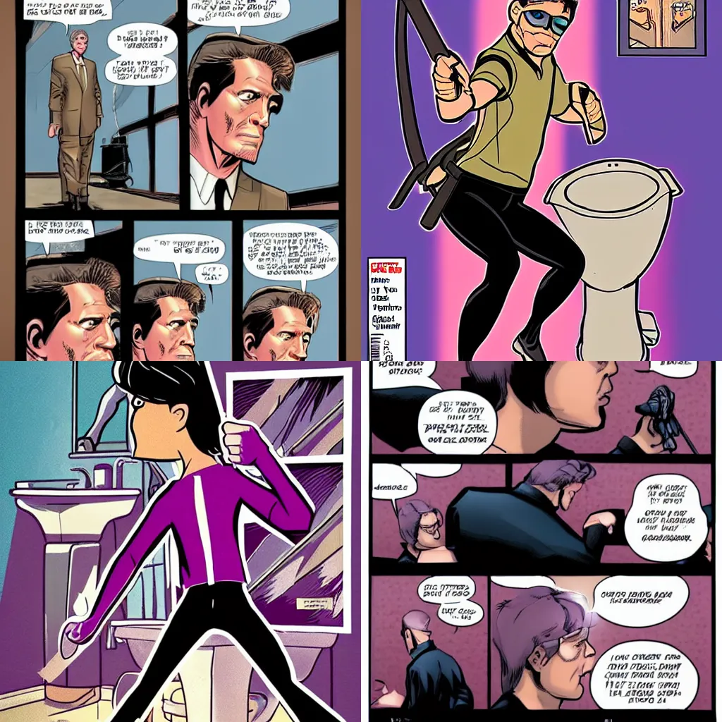 Prompt: comic book style art of an older man with a cane falls in a toilet as Kate Bishop Hawkeye