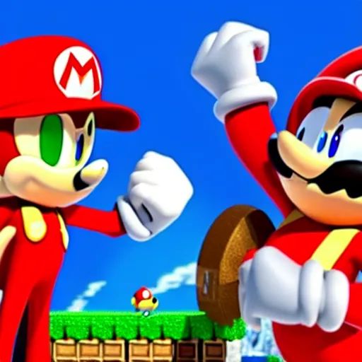 Prompt: film still of sonic the hedgehog and super mario fighting to tye death