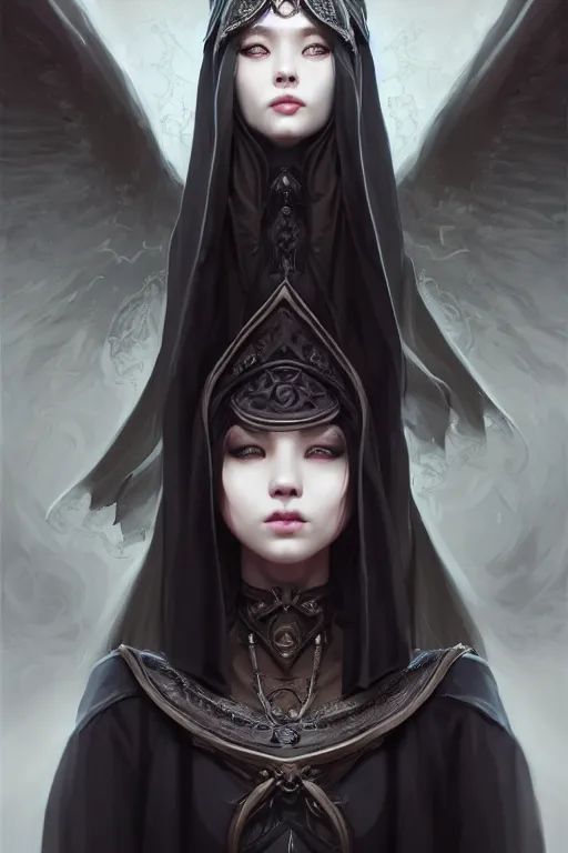 Image similar to a beautiful eldritch priestess girl standing on an altar wearing thick black robes | | cute - fine - face, photorealistic, hyperrealistic, pretty face, fine details by stanley artgerm lau, wlop, rossdraws, james jean, andrei riabovitchev, marc simonetti, and sakimichan, trending on artstation