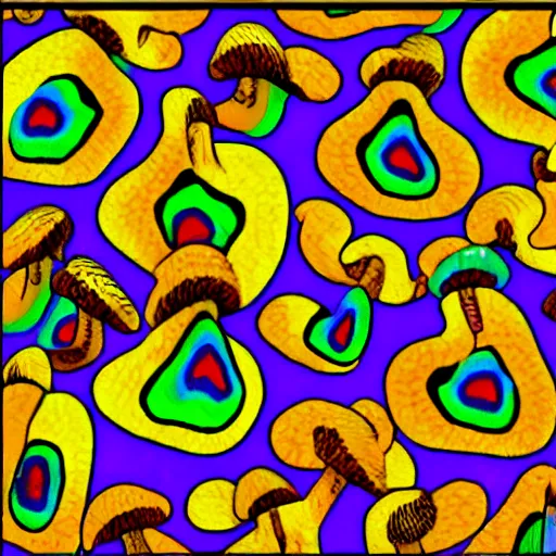 Image similar to colorful autostereogram illusion with psychedelic mushrooms dancing among a twilight desert of peyote