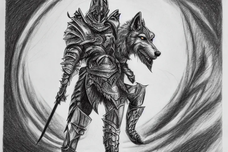 Image similar to a pencil drawing of a wolf, full body, D&D, armor, made by by Pen Tacula