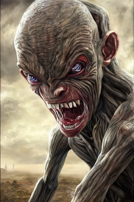 Prompt: gollum as a titan, attack on titan, oil on canvas, intricate, 8 k highly professionally detailed, hdr, cgsociety