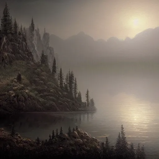 Image similar to an ultra detailed painting of a dark and mysterious misty lake at night, far away behind it is a single cliff with a dark castle on top of it with a few windows lit, dark forests surrounding, twilight, highly detailed, fantasy, realistic, concept art, dark fantasy, haunting scenery, looming trees