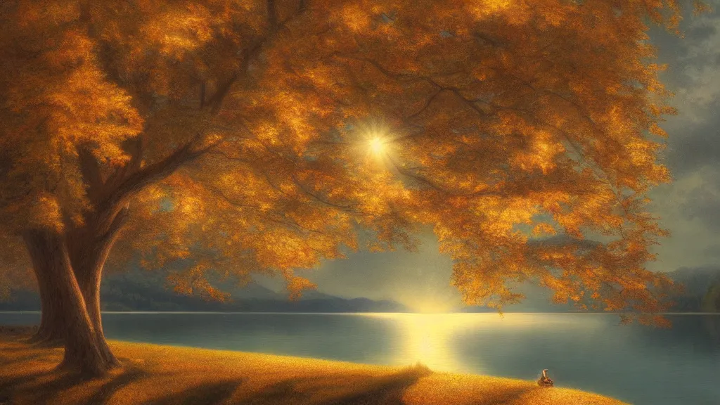 Image similar to a cinematic hyperrealism highly detailed photograph of maple tree by the lake, with petals flying in the sky, reflection on the lake, sunshine, by christophe vacher, trending on artstation, 4 k hd wallpaper premium prints available.