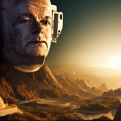 Image similar to a huge sci - fi city with a robotic man standing portrait in front of the image on a mountain, 4 k photorealistic, 8 k, nasa, space, stars